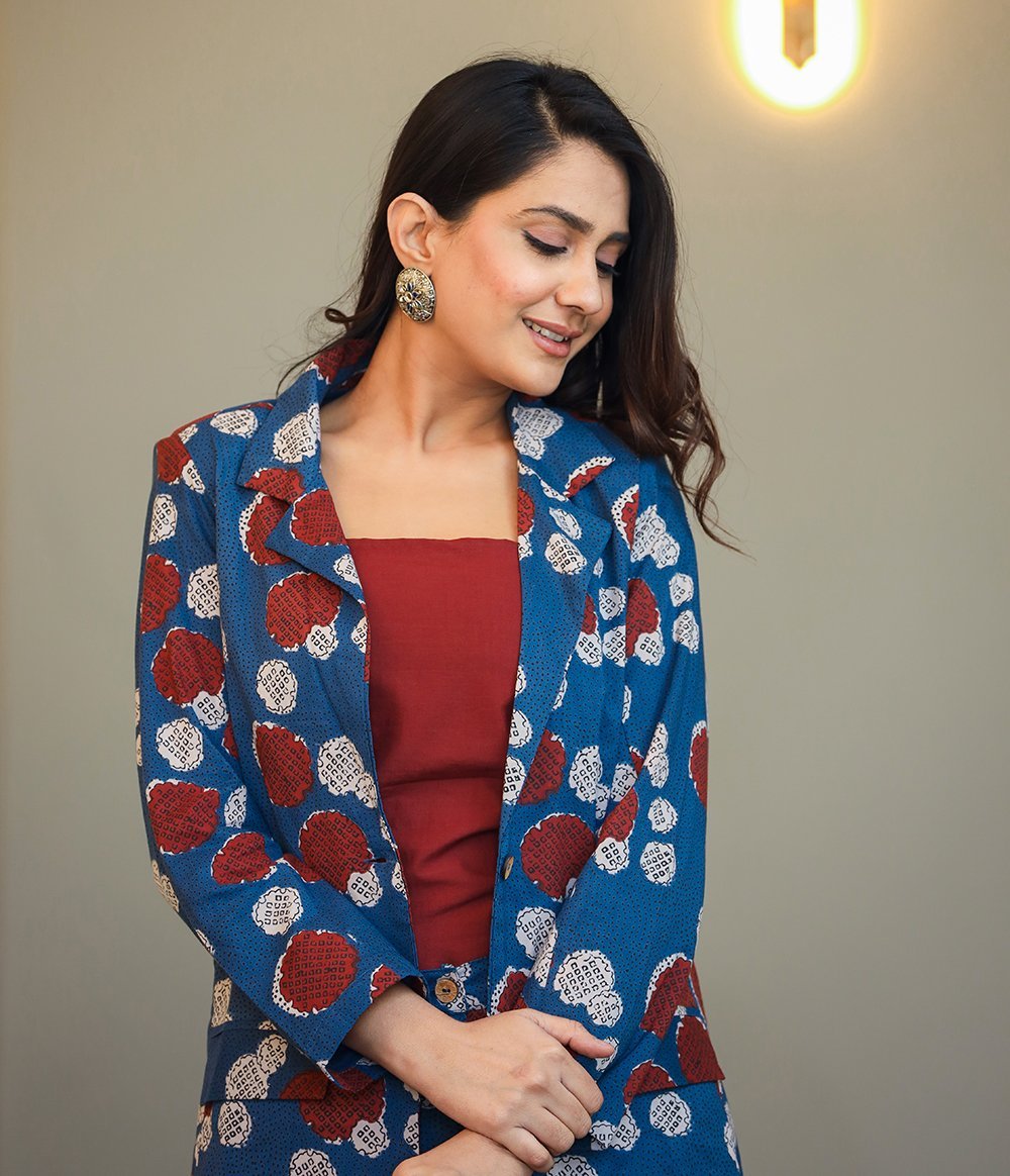 Stylish Blue Printed Three - Piece Blazer Co - Ord Set - swadeshsouq.com