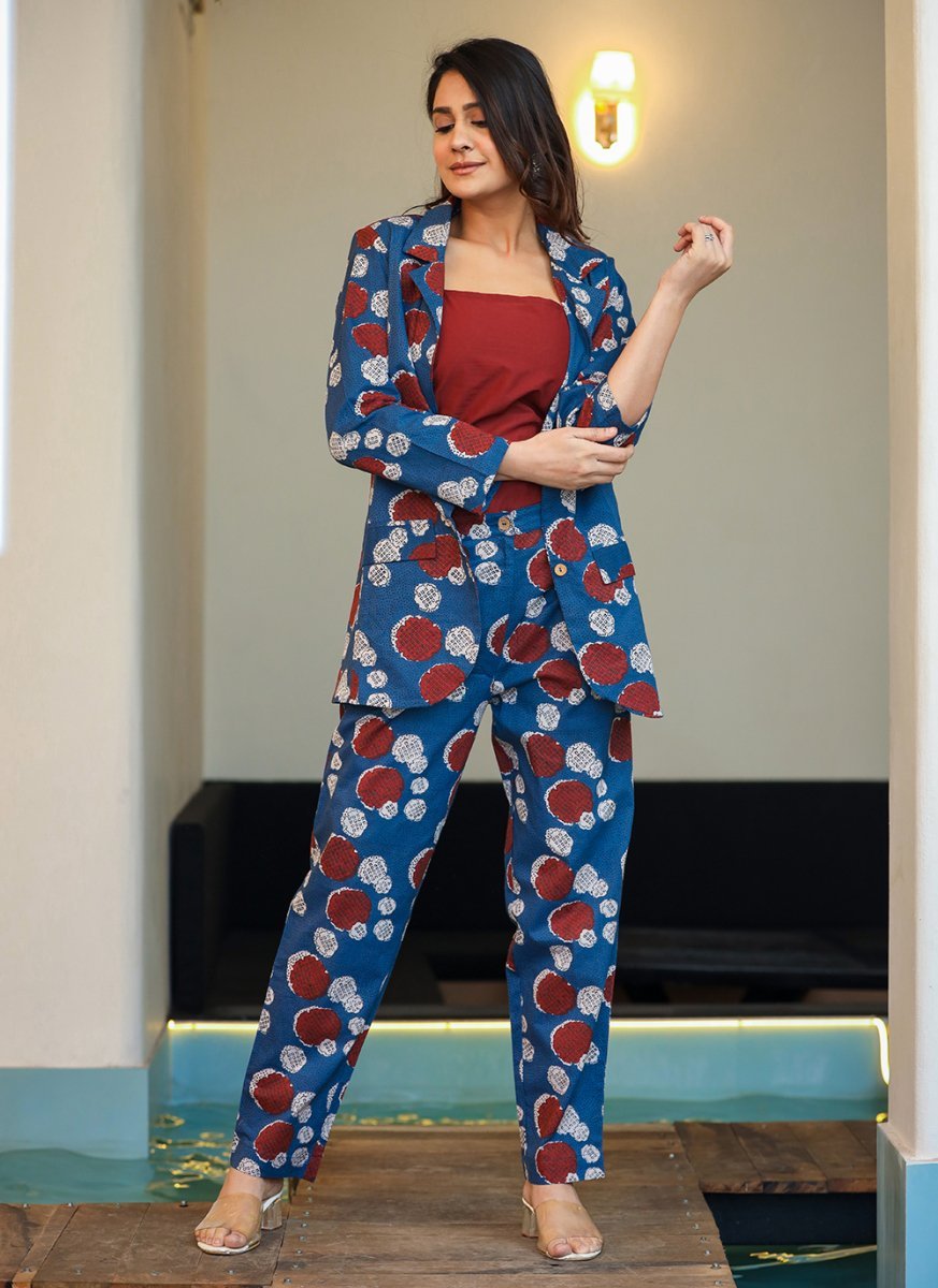 Stylish Blue Printed Three - Piece Blazer Co - Ord Set - swadeshsouq.com