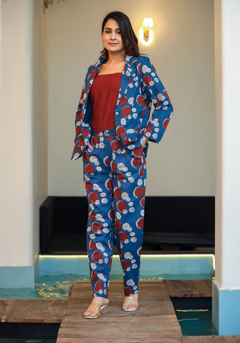 Stylish Blue Printed Three - Piece Blazer Co - Ord Set - swadeshsouq.com