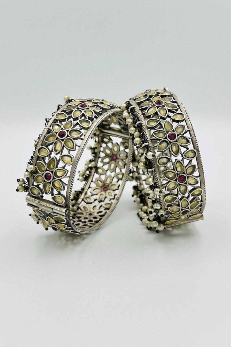 Sunset Bloom: Beautiful Yellow and Red Silver Bangles - swadeshsouq.com