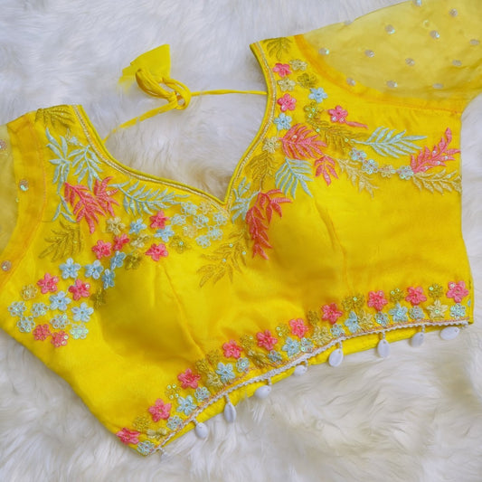 Sunshine Yellow Floral Organza Blouse with Shell Tassels - swadeshsouq.com