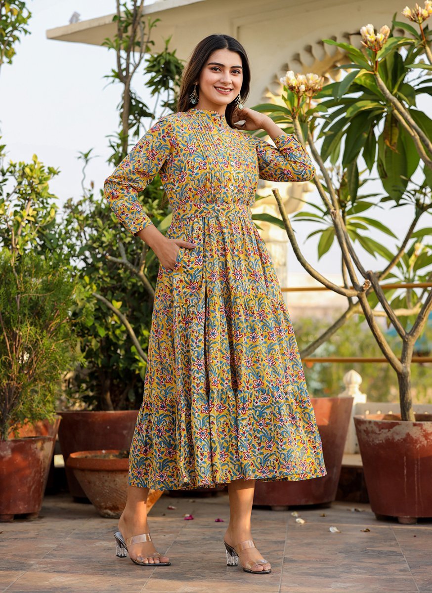 Sunshine Yellow Handblock Dress - swadeshsouq.com