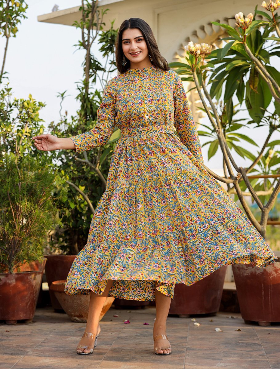 Sunshine Yellow Handblock Dress - swadeshsouq.com