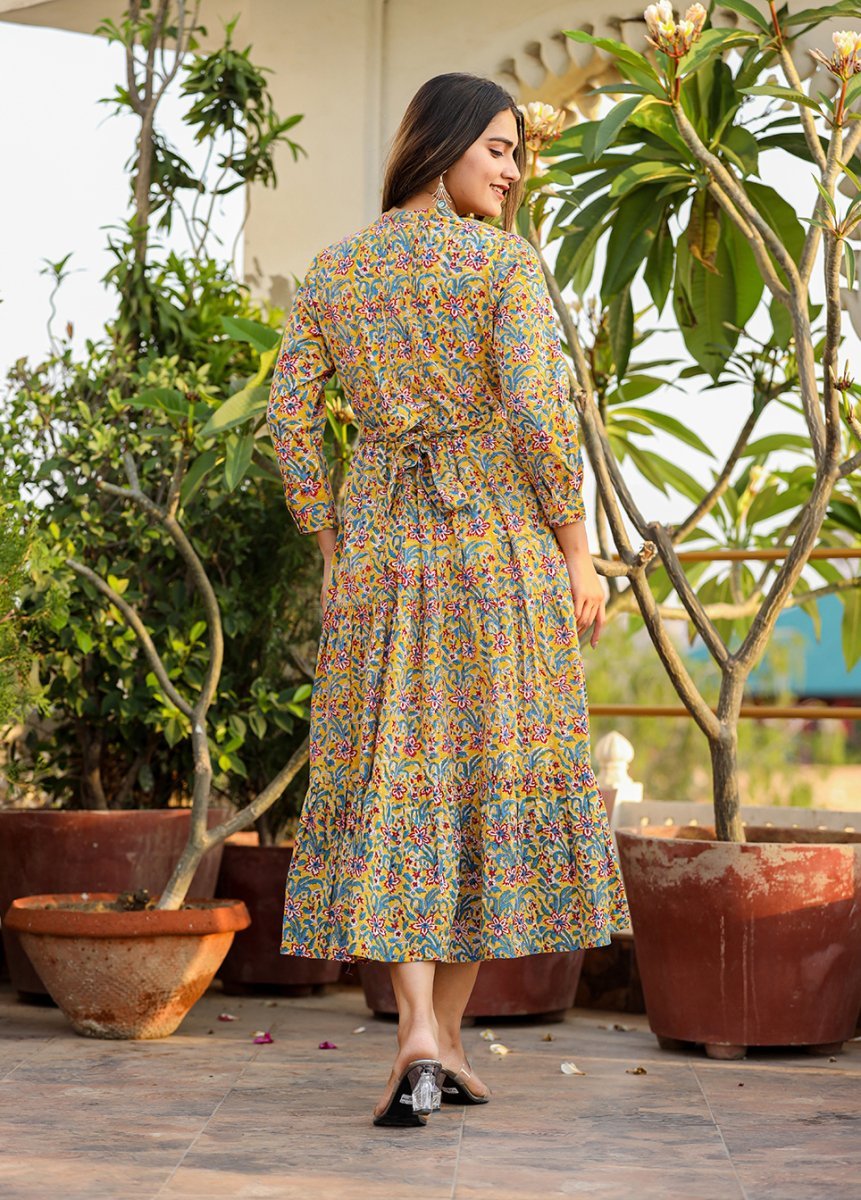 Sunshine Yellow Handblock Dress - swadeshsouq.com