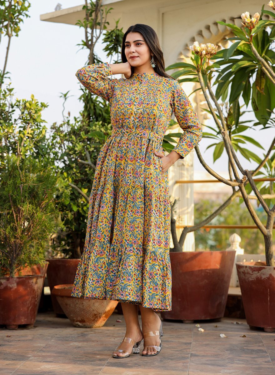 Sunshine Yellow Handblock Dress - swadeshsouq.com