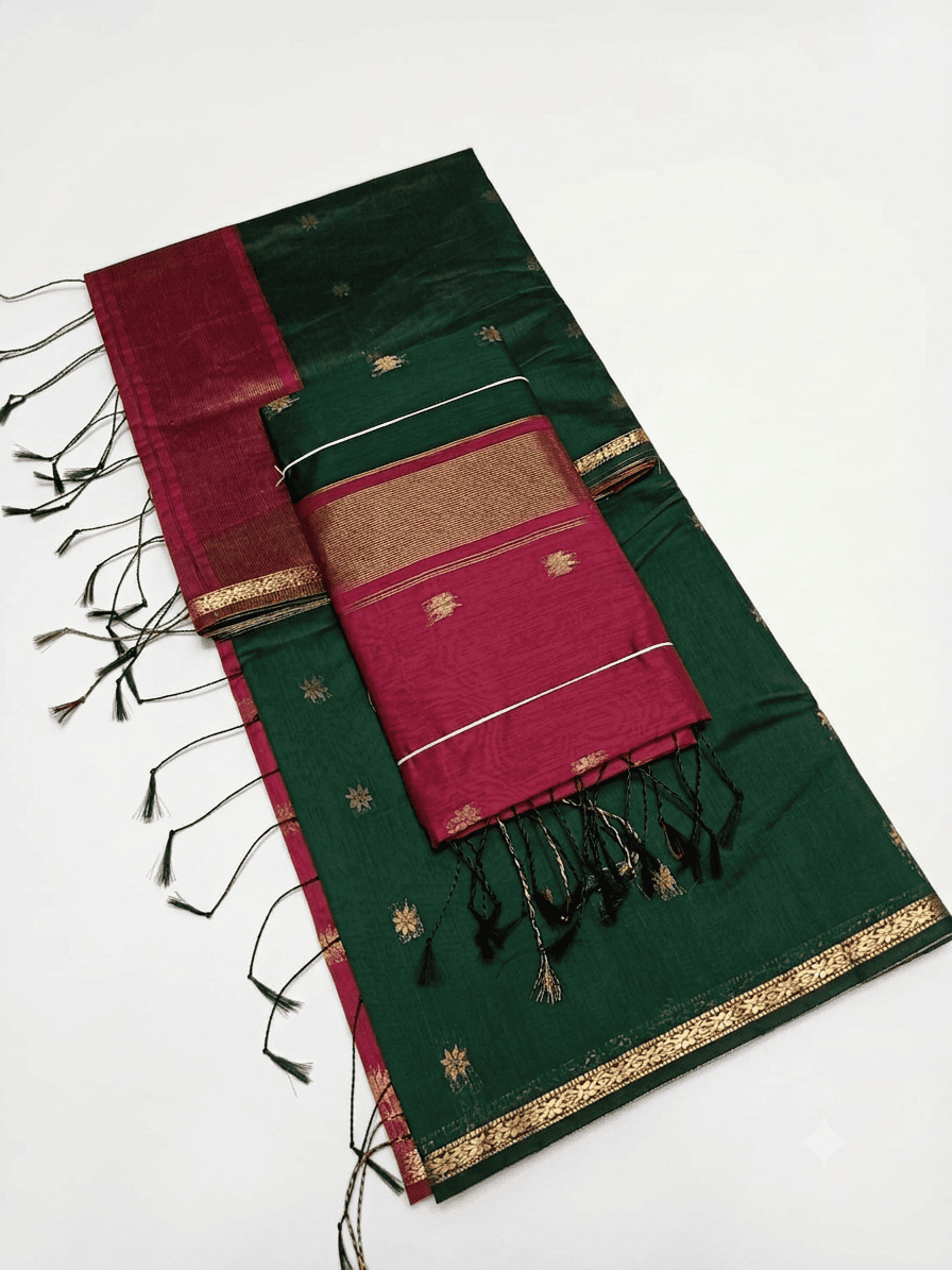 Elegant Green & Magenta Kalyani Cotton Saree with Star Buttis & Simple Zari Border