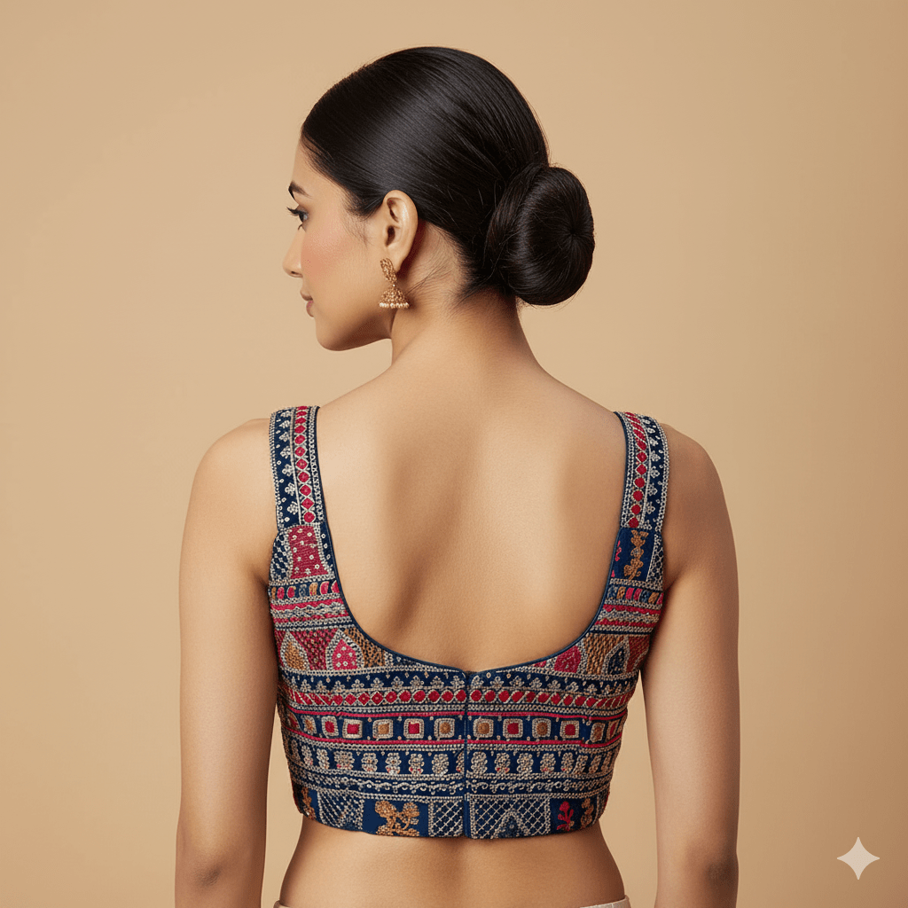 Teal Blue Georgette Blouse with All - Over Multicolor Rajasthani Embroidery | Sleeveless (Fits 32–40) - swadeshsouq.com