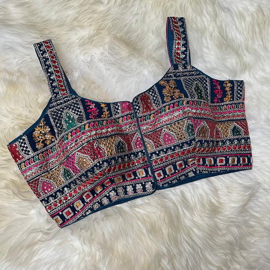 Teal Blue Georgette Blouse with All - Over Multicolor Rajasthani Embroidery | Sleeveless (Fits 32–40) - swadeshsouq.com