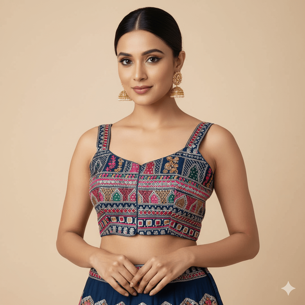Teal Blue Georgette Blouse with All - Over Multicolor Rajasthani Embroidery | Sleeveless (Fits 32–40) - swadeshsouq.com