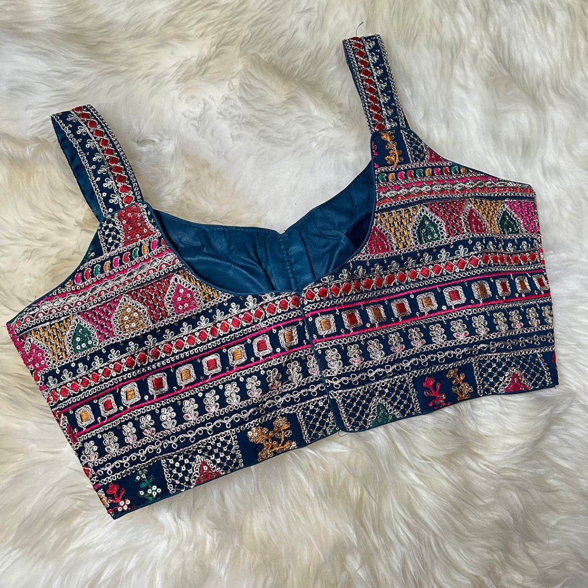 Teal Blue Georgette Blouse with All - Over Multicolor Rajasthani Embroidery | Sleeveless (Fits 32–40) - swadeshsouq.com