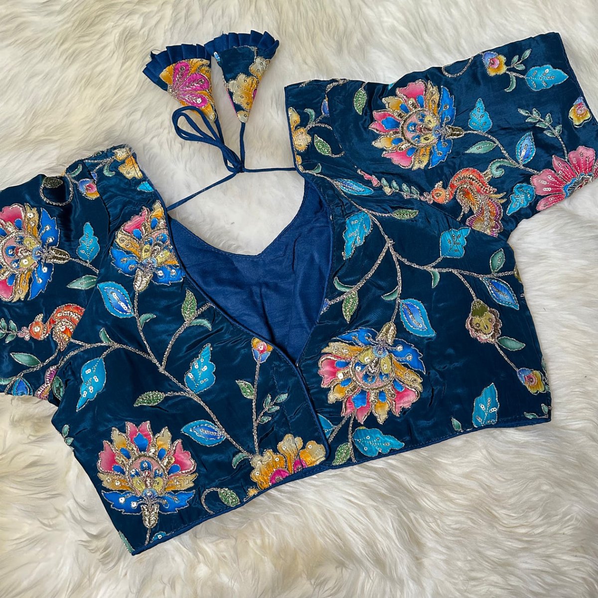 "Teal Blue" Viscose Crepe Embroidered Blouse - swadeshsouq.com