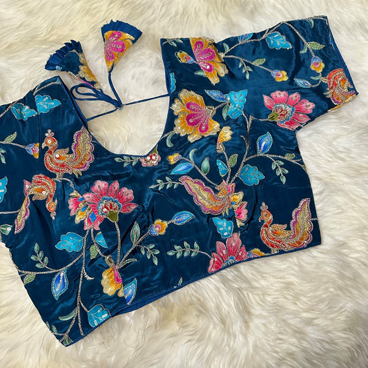 "Teal Blue" Viscose Crepe Embroidered Blouse - swadeshsouq.com