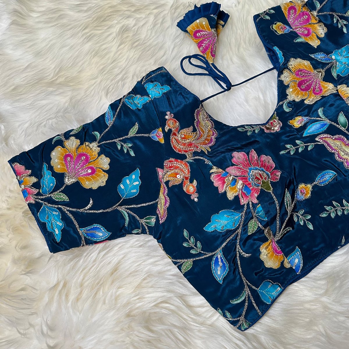 "Teal Blue" Viscose Crepe Embroidered Blouse - swadeshsouq.com