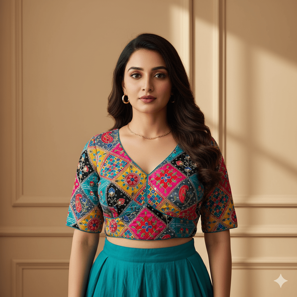 Teal Green Pure Crepe Blouse with Multi - Coloured Appliqué Work & Mid - Length Sleeves (Size 32–40) - swadeshsouq.com