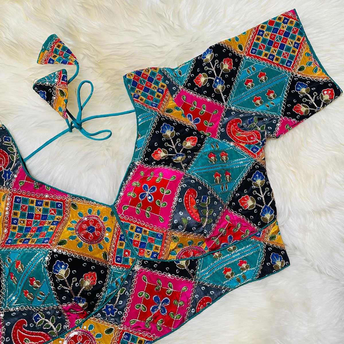 Teal Green Pure Crepe Blouse with Multi - Coloured Appliqué Work & Mid - Length Sleeves (Size 32–40) - swadeshsouq.com