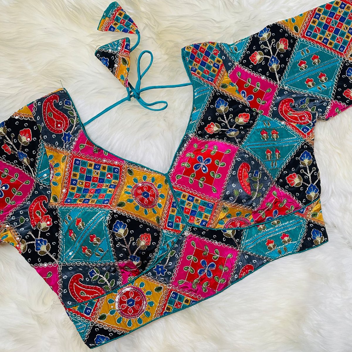 Teal Green Pure Crepe Blouse with Multi - Coloured Appliqué Work & Mid - Length Sleeves (Size 32–40) - swadeshsouq.com