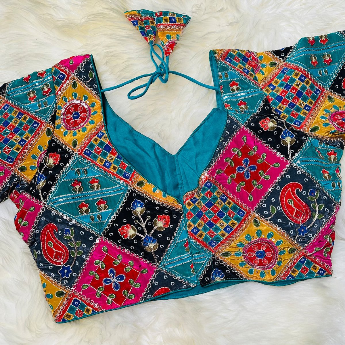 Teal Green Pure Crepe Blouse with Multi - Coloured Appliqué Work & Mid - Length Sleeves (Size 32–40) - swadeshsouq.com