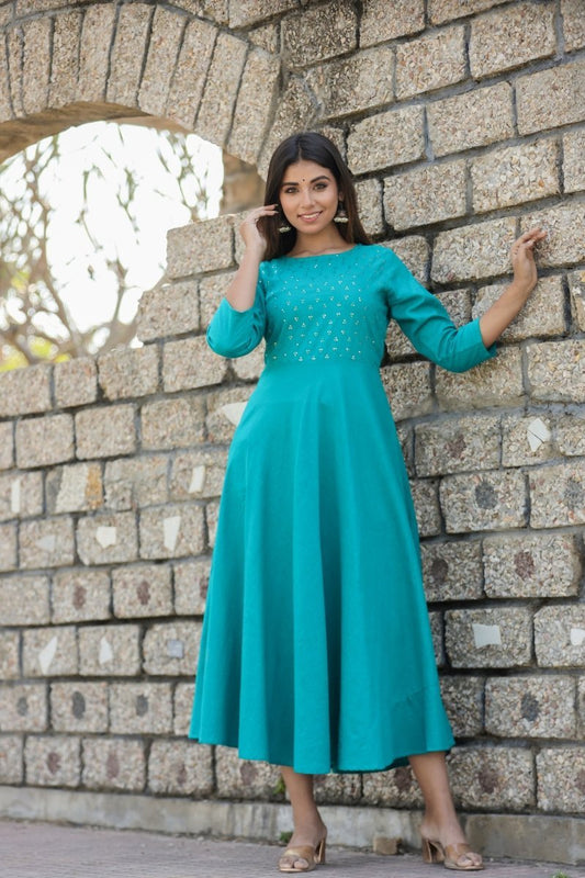 Teal Green Sequin Cotton Anarkali Kurta – A Touch of Glamour and Grace - swadeshsouq.com