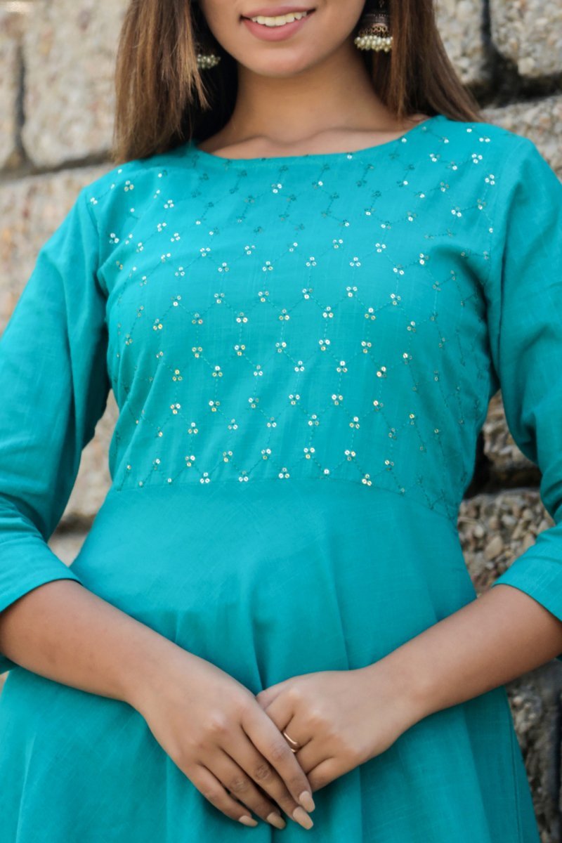 Teal Green Sequin Cotton Anarkali Kurta – A Touch of Glamour and Grace - swadeshsouq.com