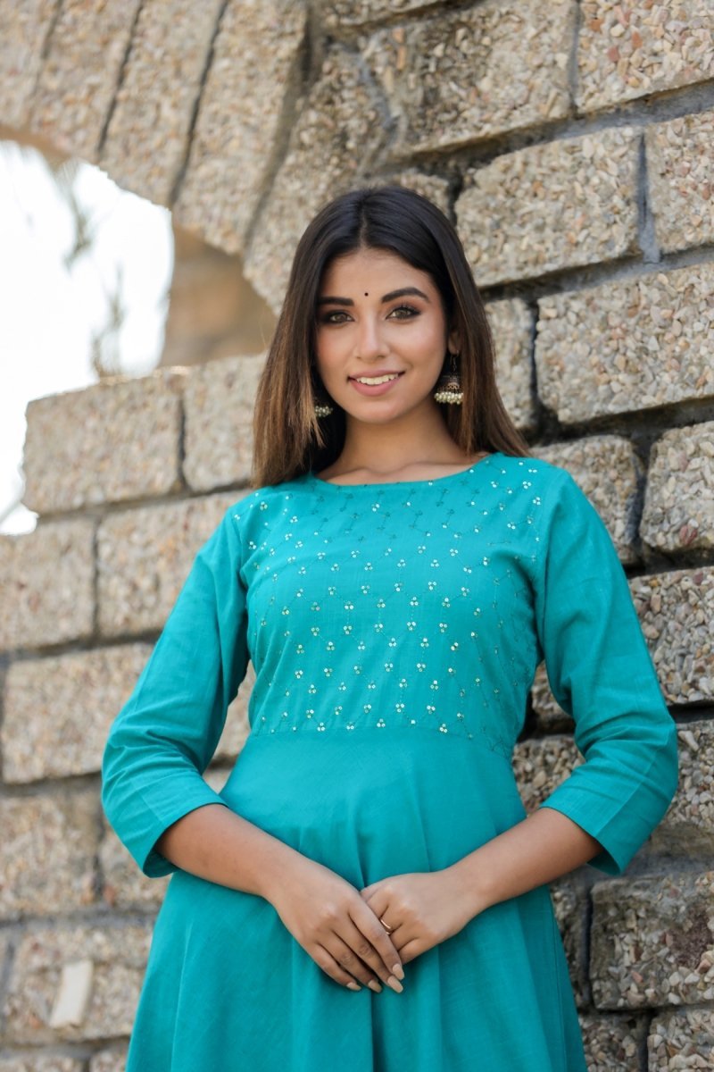 Teal Green Sequin Cotton Anarkali Kurta – A Touch of Glamour and Grace - swadeshsouq.com