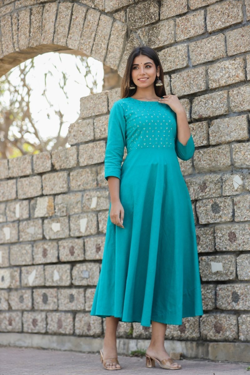 Teal Green Sequin Cotton Anarkali Kurta – A Touch of Glamour and Grace - swadeshsouq.com