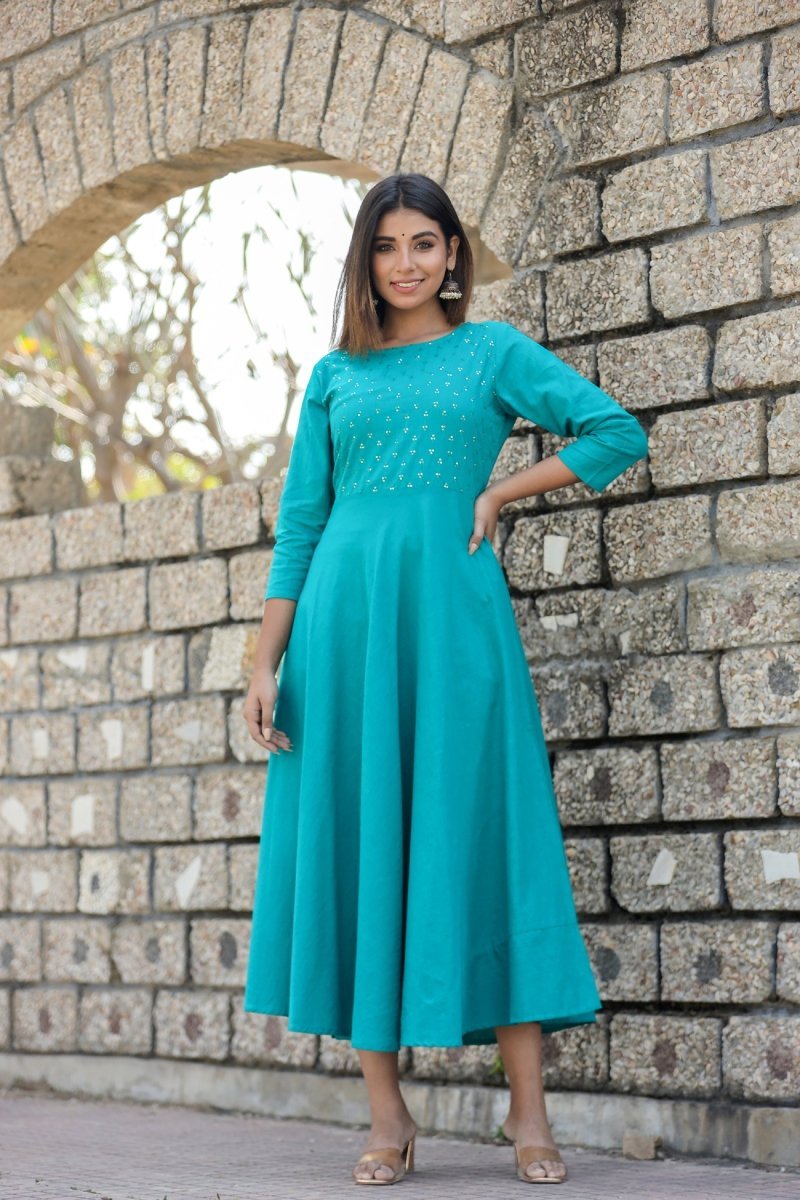 Teal Green Sequin Cotton Anarkali Kurta – A Touch of Glamour and Grace - swadeshsouq.com