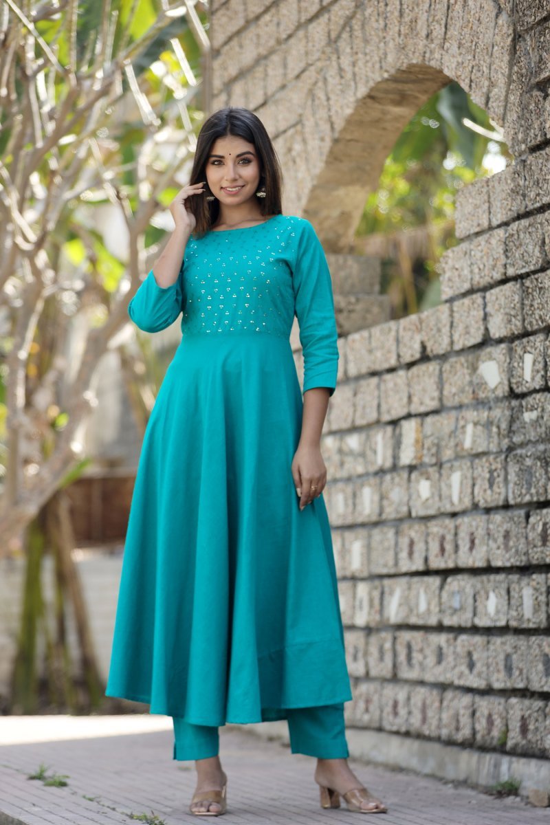 Teal Green Sequin Cotton Anarkali Kurta – A Touch of Glamour and Grace - swadeshsouq.com