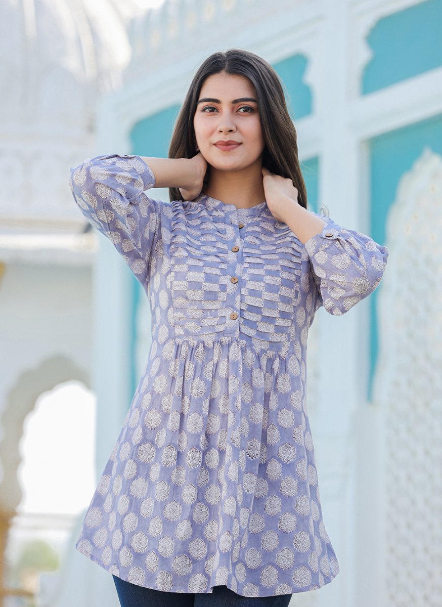 Timeless Charm Gray Cotton Handblock Top - swadeshsouq.com