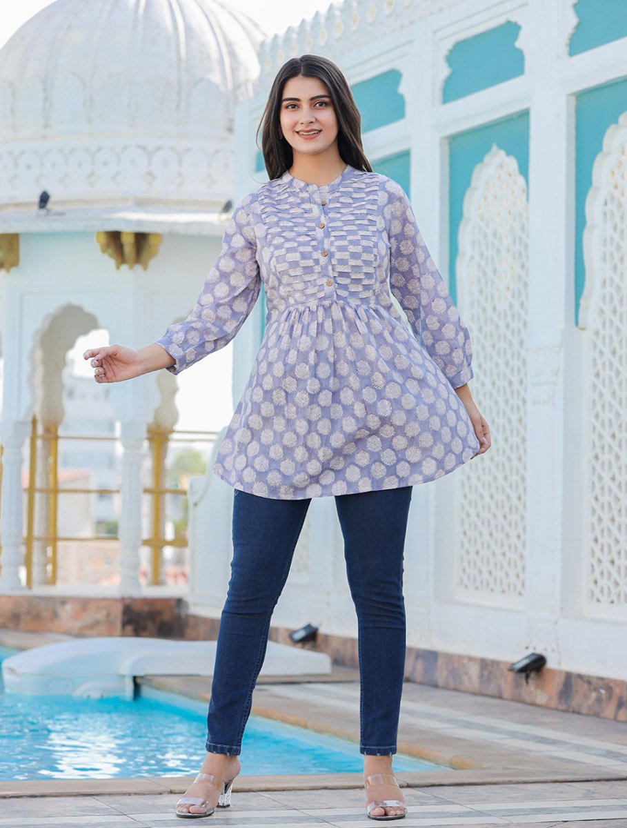 Timeless Charm Gray Cotton Handblock Top - swadeshsouq.com