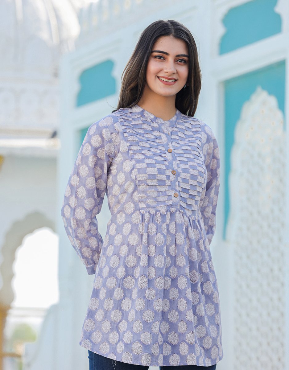 Timeless Charm Gray Cotton Handblock Top - swadeshsouq.com