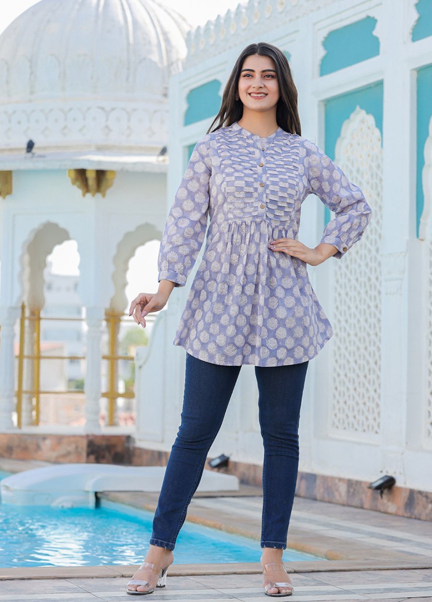 Timeless Charm Gray Cotton Handblock Top - swadeshsouq.com