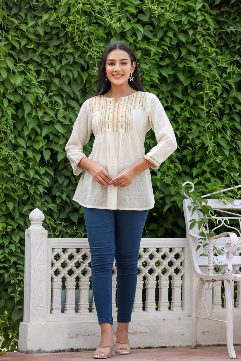 Timeless Grace Off White Solid Cotton Top - swadeshsouq.com