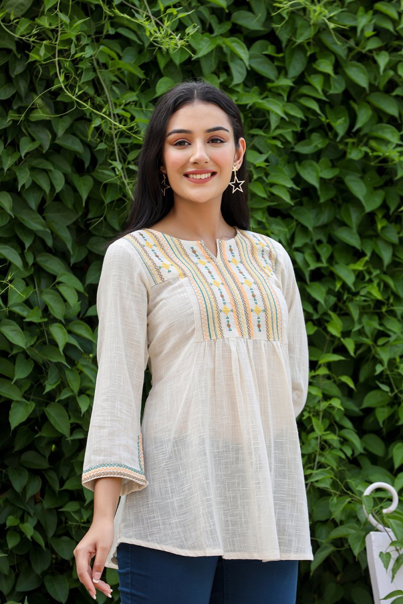 Timeless Grace Off White Solid Cotton Top - swadeshsouq.com