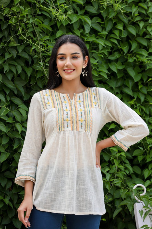 Timeless Grace Off White Solid Cotton Top - swadeshsouq.com