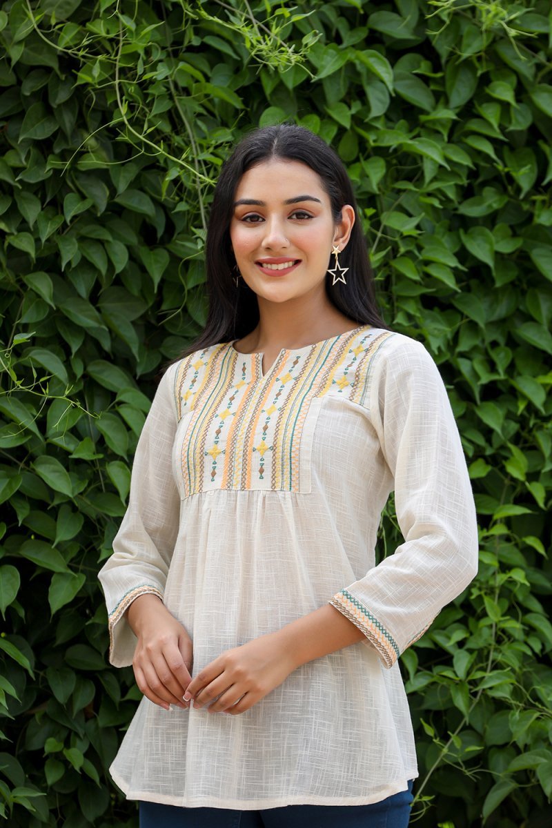 Timeless Grace Off White Solid Cotton Top - swadeshsouq.com