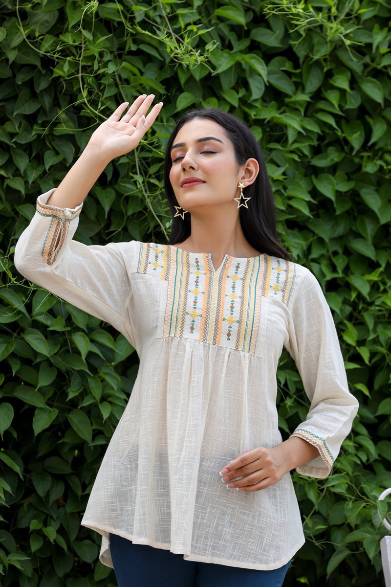 Timeless Grace Off White Solid Cotton Top - swadeshsouq.com