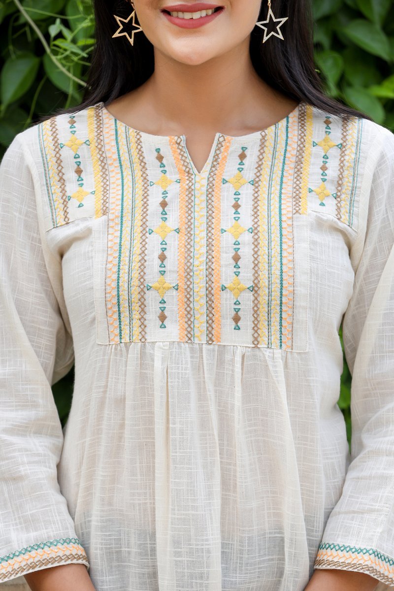 Timeless Grace Off White Solid Cotton Top - swadeshsouq.com