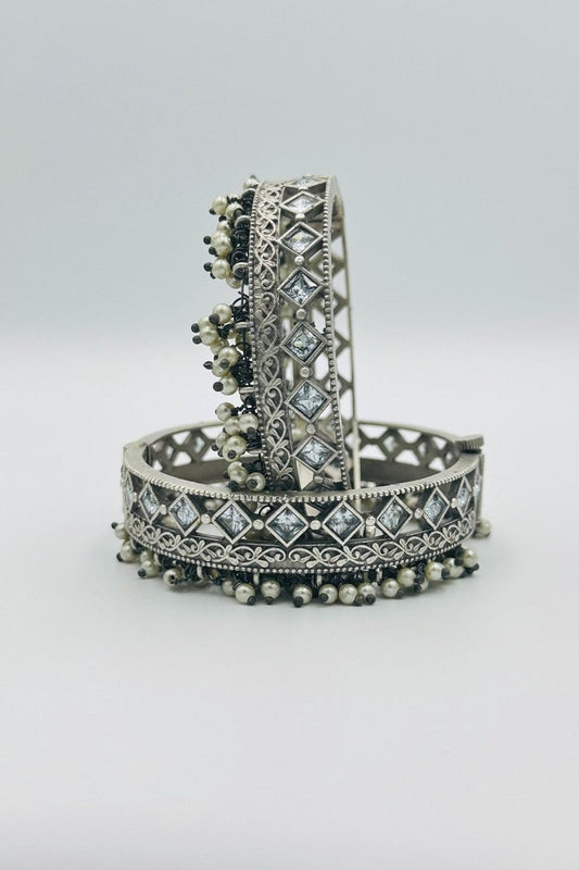 Timeless Silver Bangles with White Crystal Stones and Pearls - swadeshsouq.com