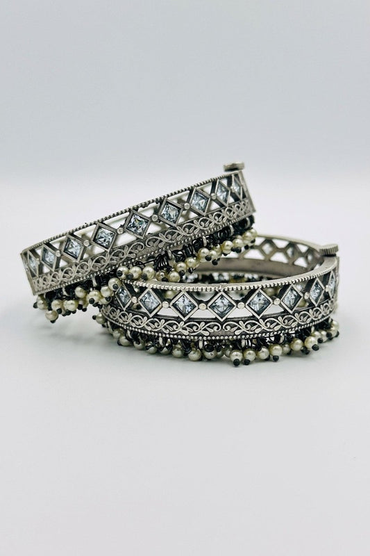 Timeless Silver Bangles with White Crystal Stones and Pearls - swadeshsouq.com