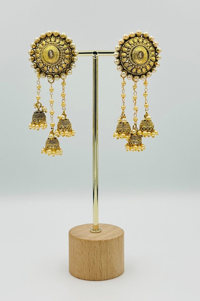 Traditional Antique - Finish Multi - Tier Pearl Jhumka Earrings - swadeshsouq.com