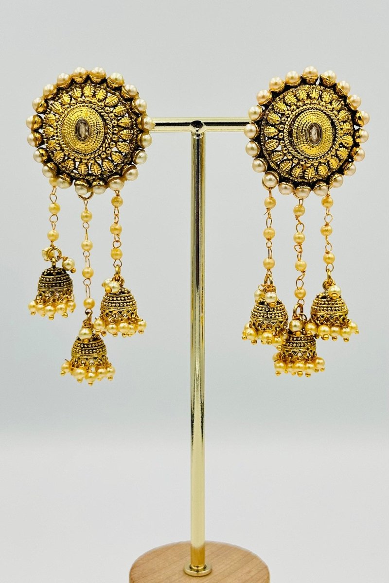 Traditional Antique - Finish Multi - Tier Pearl Jhumka Earrings - swadeshsouq.com