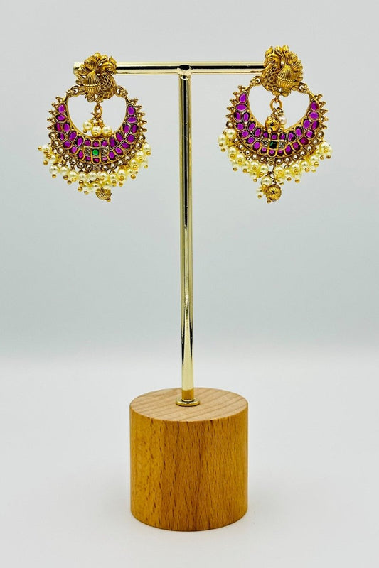 Traditional Gold - Plated Chandbali Earrings with Pink Stones and Pearl Drops - swadeshsouq.com