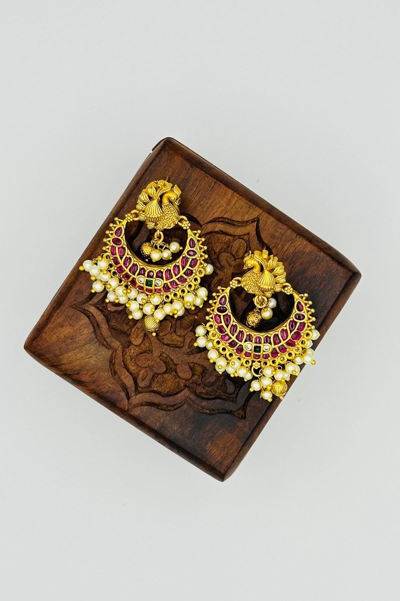 Traditional Gold - Plated Chandbali Earrings with Pink Stones and Pearl Drops - swadeshsouq.com