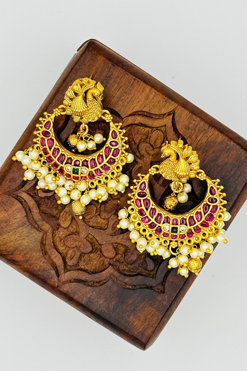 Traditional Gold - Plated Chandbali Earrings with Pink Stones and Pearl Drops - swadeshsouq.com