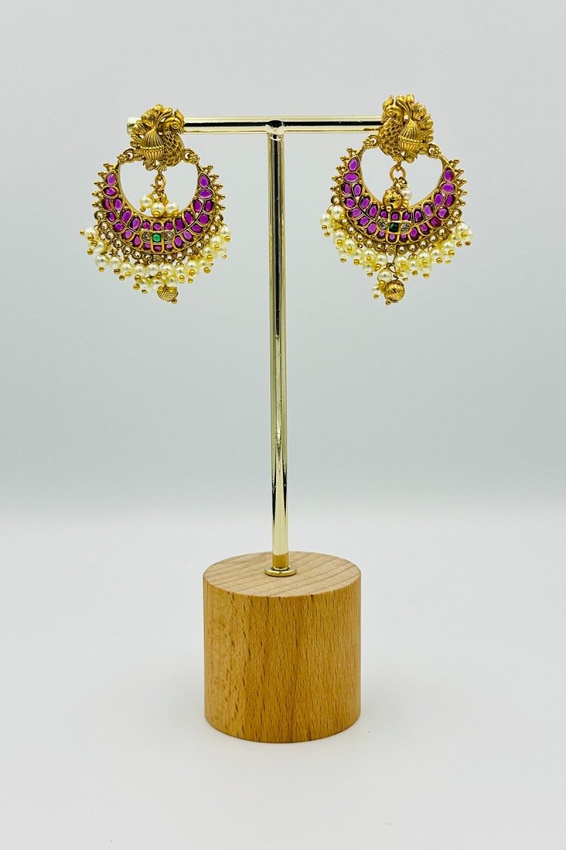 Traditional Gold - Plated Chandbali Earrings with Pink Stones and Pearl Drops - swadeshsouq.com