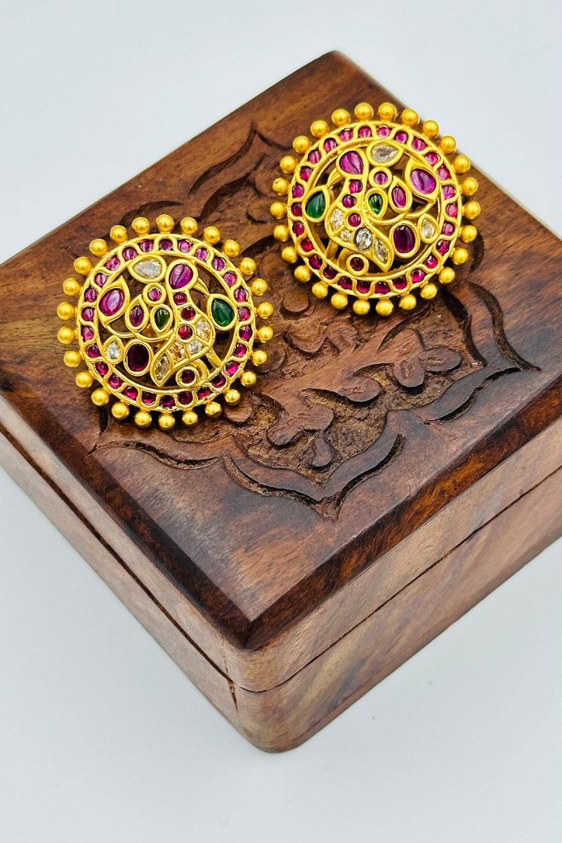 Traditional Gold - Tone Round Stud Earrings with Vibrant Gemstone Accents - swadeshsouq.com