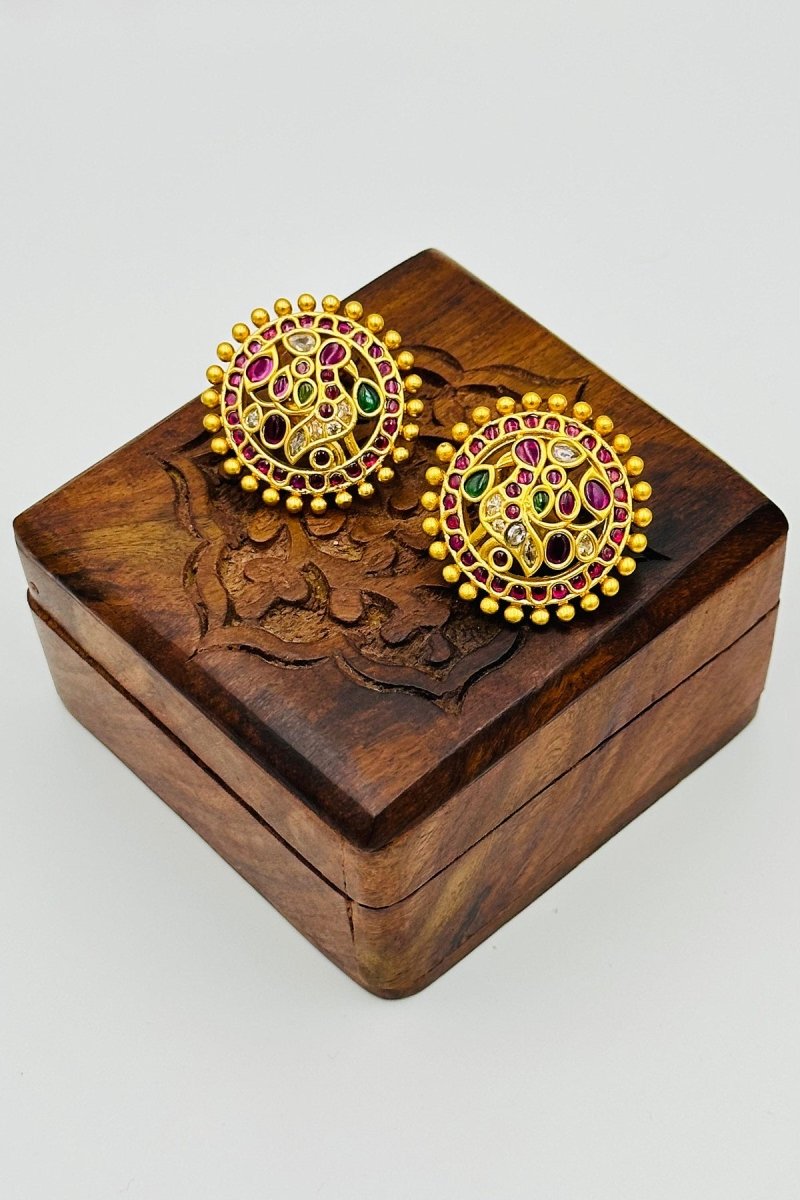 Traditional Gold - Tone Round Stud Earrings with Vibrant Gemstone Accents - swadeshsouq.com