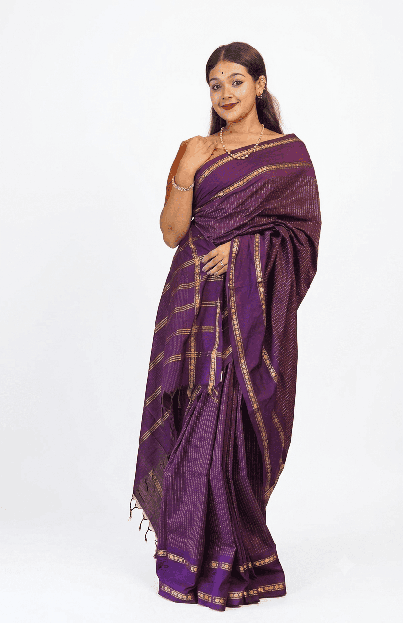 Elegant Purple Kalyani Silk Cotton Saree with All-Over Checks & Repeated Zari Border