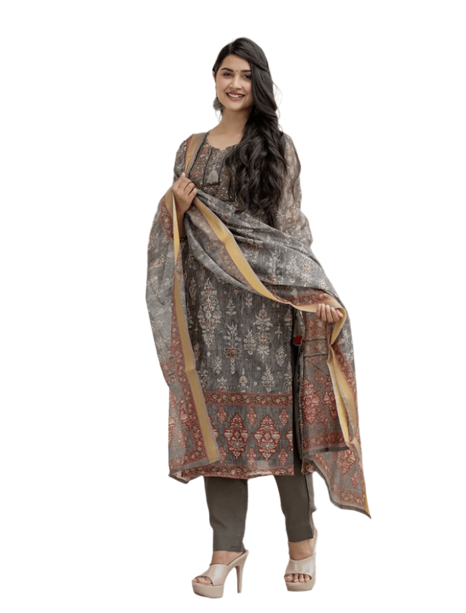 Tranquil Grey - Green Digital Print Chanderi Kurta Pant Set with Dupatta - swadeshsouq.com