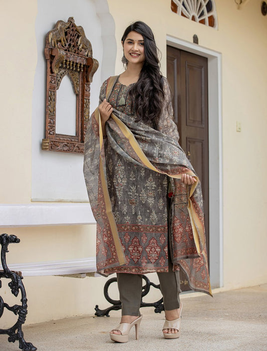 Tranquil Grey - Green Digital Print Chanderi Kurta Pant Set with Dupatta - swadeshsouq.com